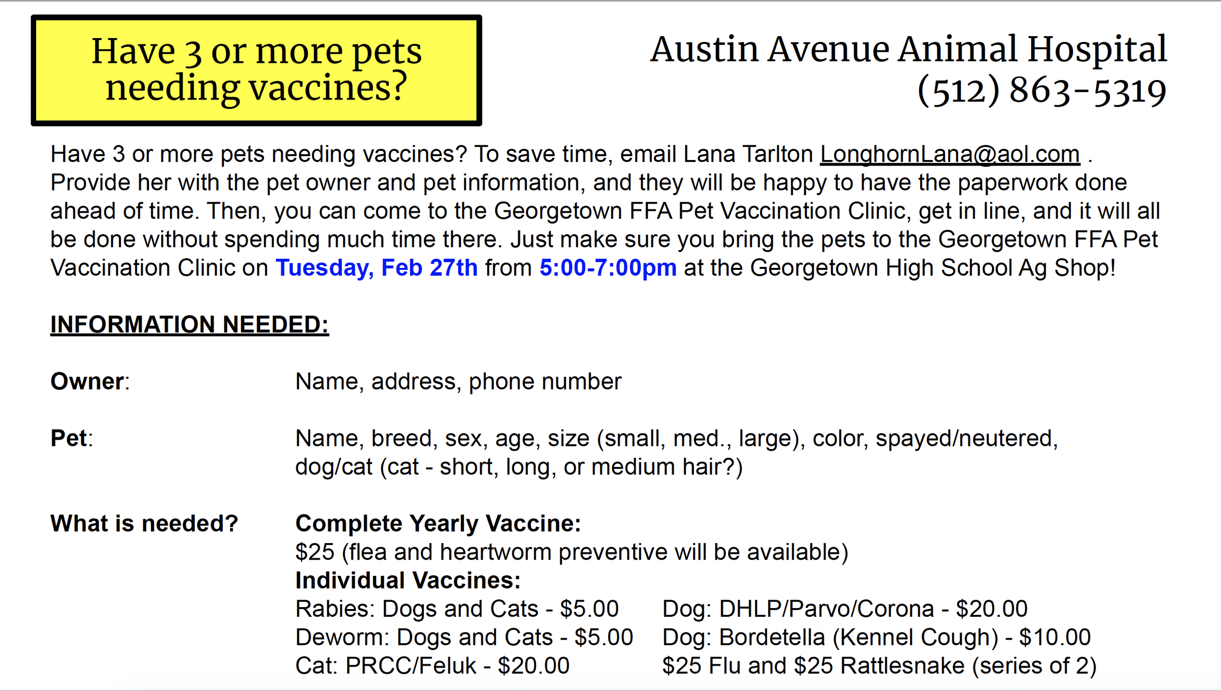 Annual FFA Spring Pet Vaccination Clinic Feb. 27 GISD eNews